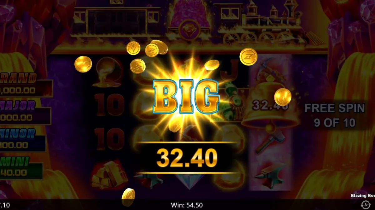 Tampilan visual slot Blazing Bonanza Rush Express dengan tema tambang emas dan kereta api.