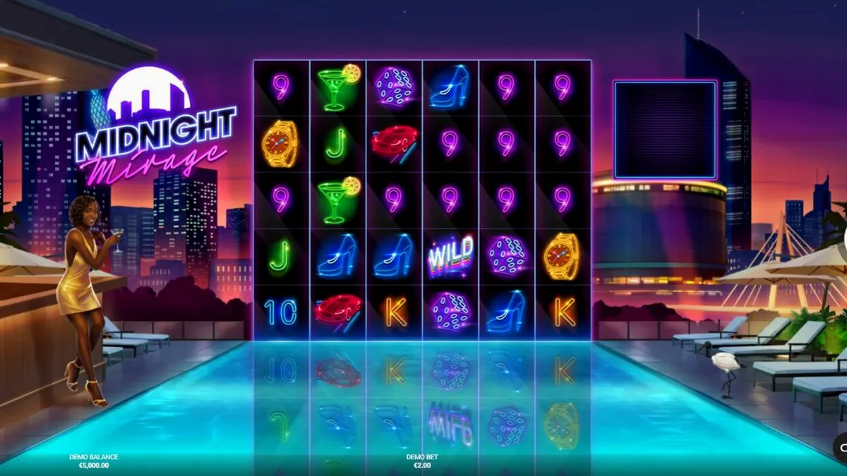 Midnight Mirage slot neon rooftop bar theme